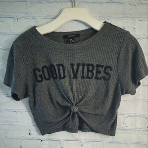 3For$15 Forever 21 Gray Ribbed Good Vibes Crop T-Shirt with Tie Front